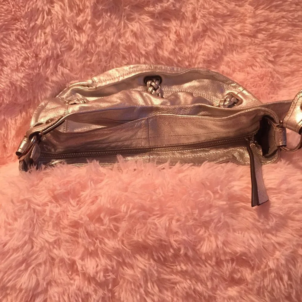 B. Makowski Silver Metallic Leather Hobo Shoulder Bag Purse